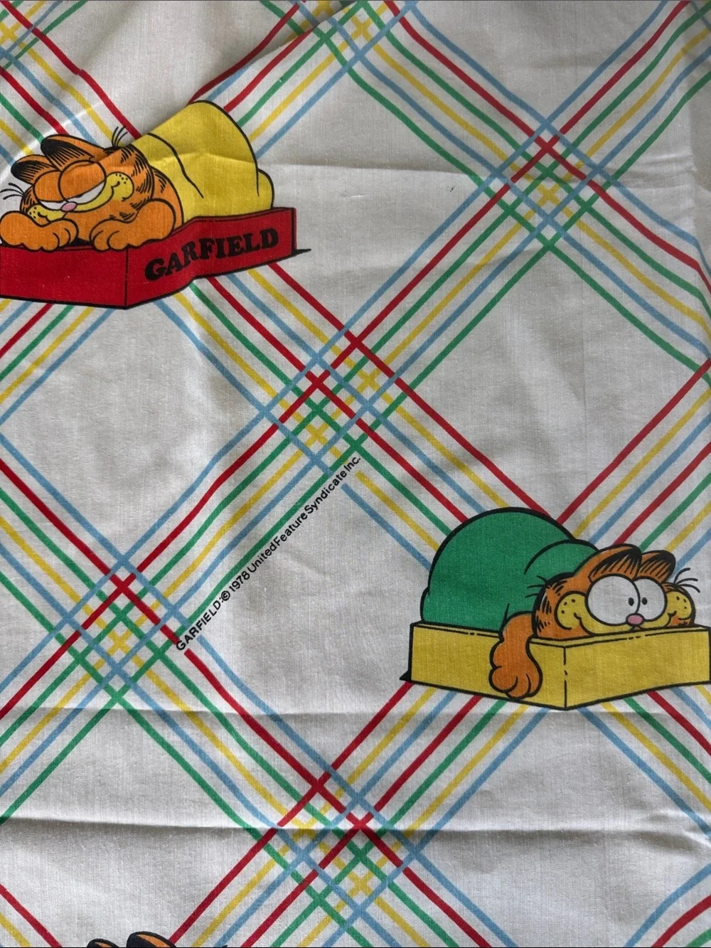 Vintage Garfield Full Flat Sheet 1978 Plaid Cartoon Bedding Retro Collectible